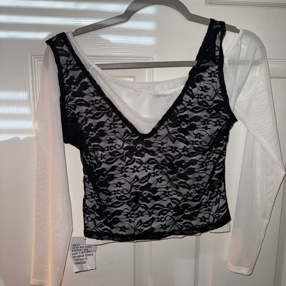 Layered lace and mesh long sleeve
